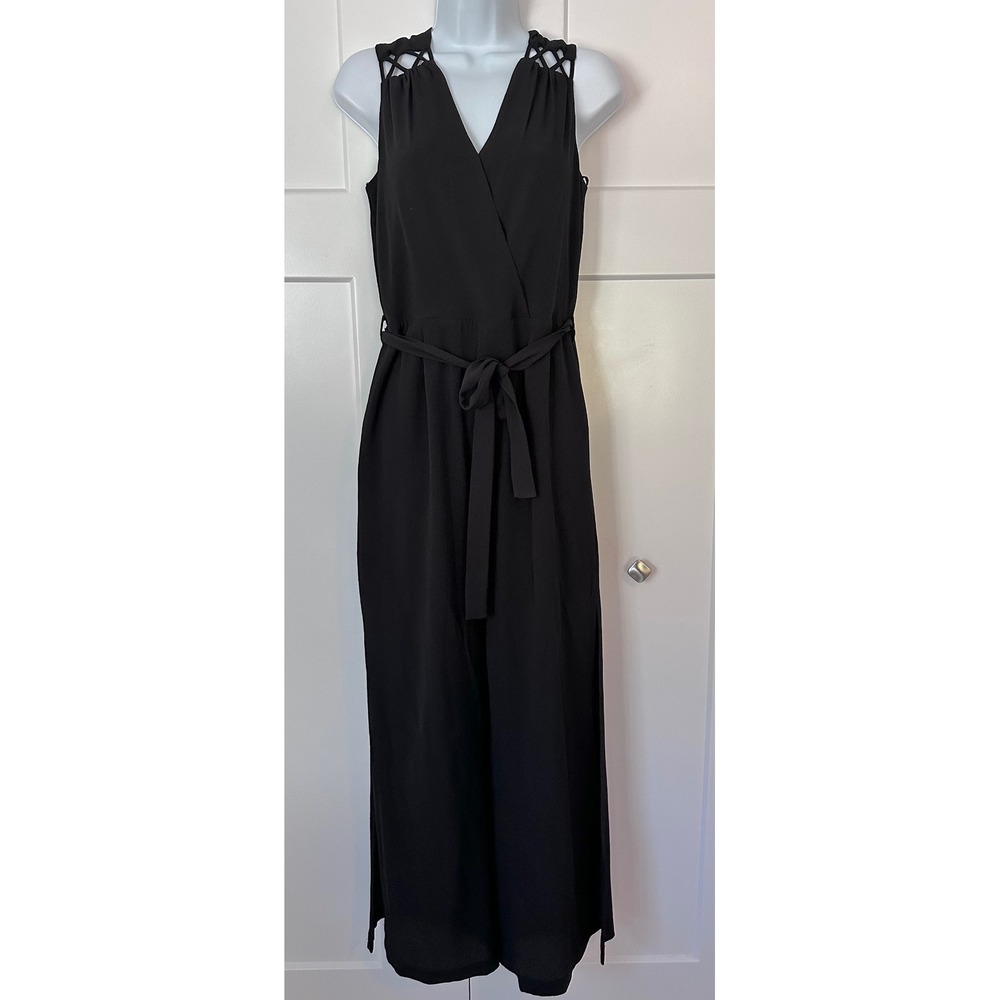 Monteau Los Angeles Black Sleeveless Wide Leg Jumpsuit Lattice Shoulder Small